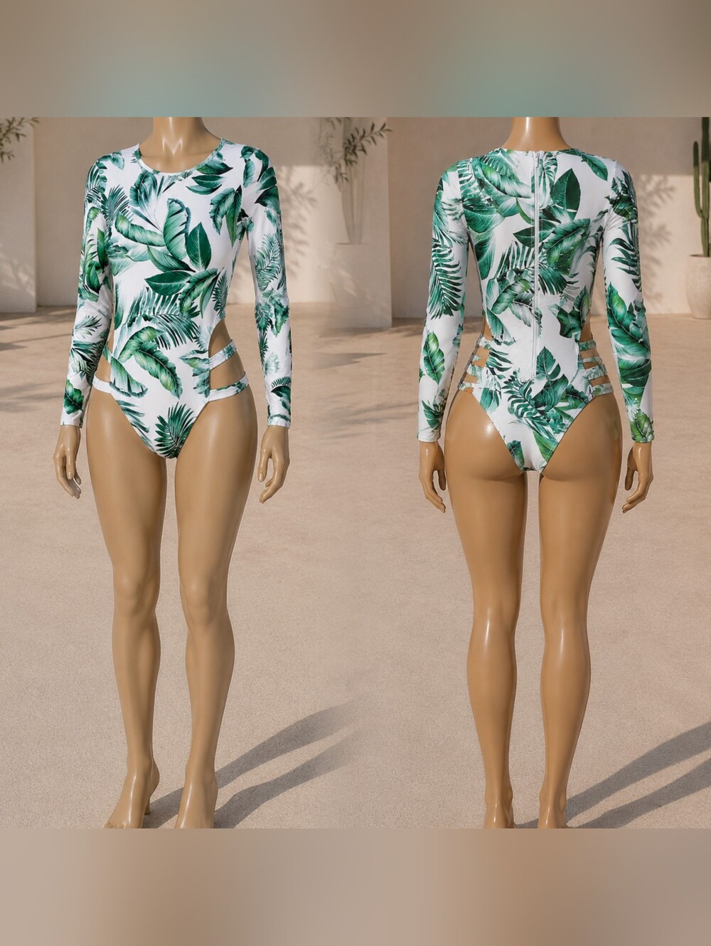 Green Tropical Leaf Long-Sleeve Cutout One-Piece Swimsuit